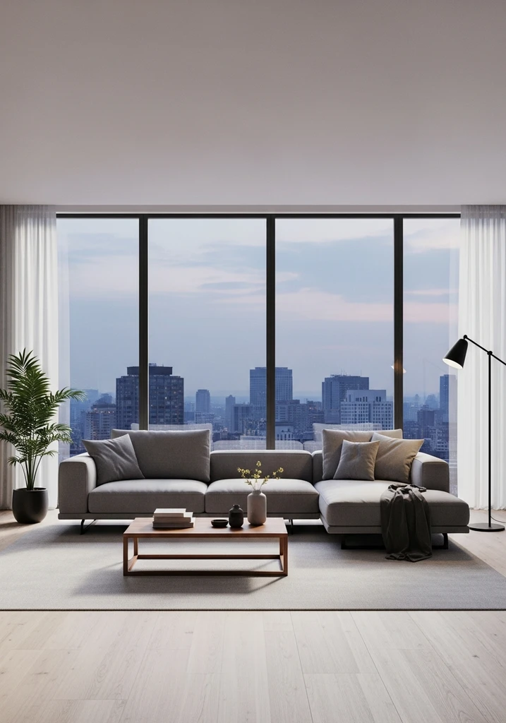 Modern living room with low profile gray sectional sofa