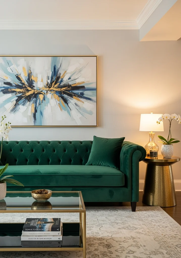 Emerald green velvet sofa with gold accents in a glamorous living room