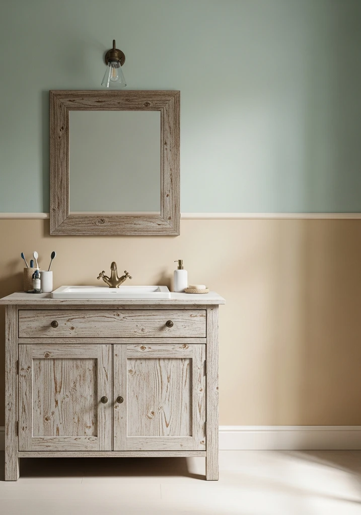 Vintage bathroom with distressed wood vanity and soft green walls