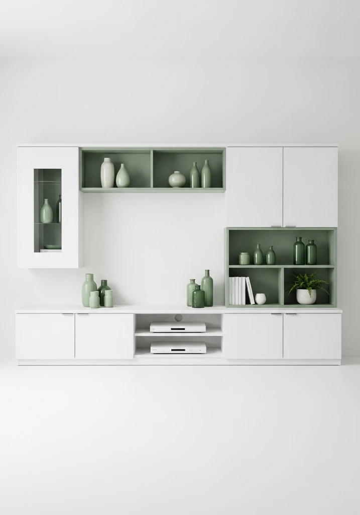 White entertainment center with sage green accents