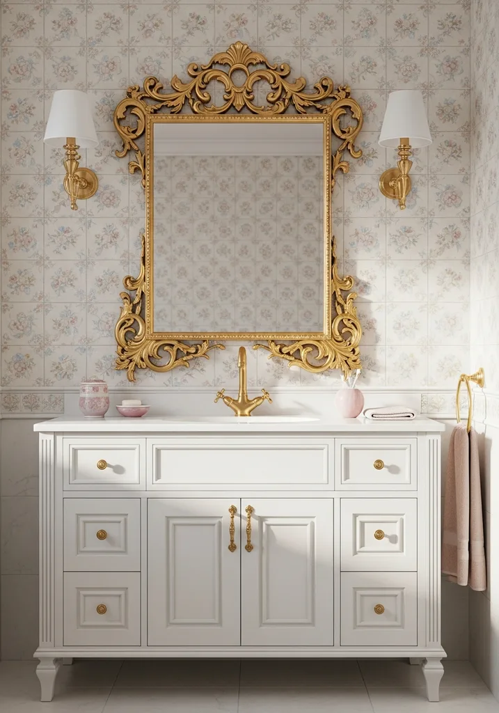 Fantasyland bathroom with white vanity and gold mirror