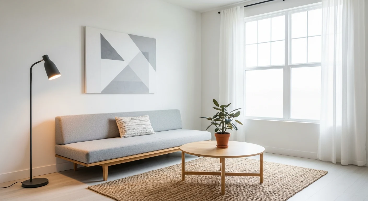 Modern bachelor living room with dark gray sofa and sleek decor