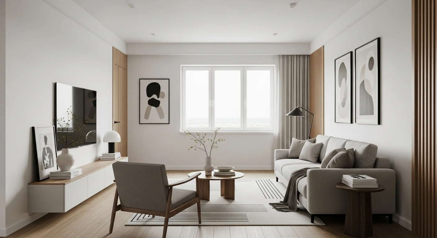 Bright modern living room with large windows and gray sectional sofa