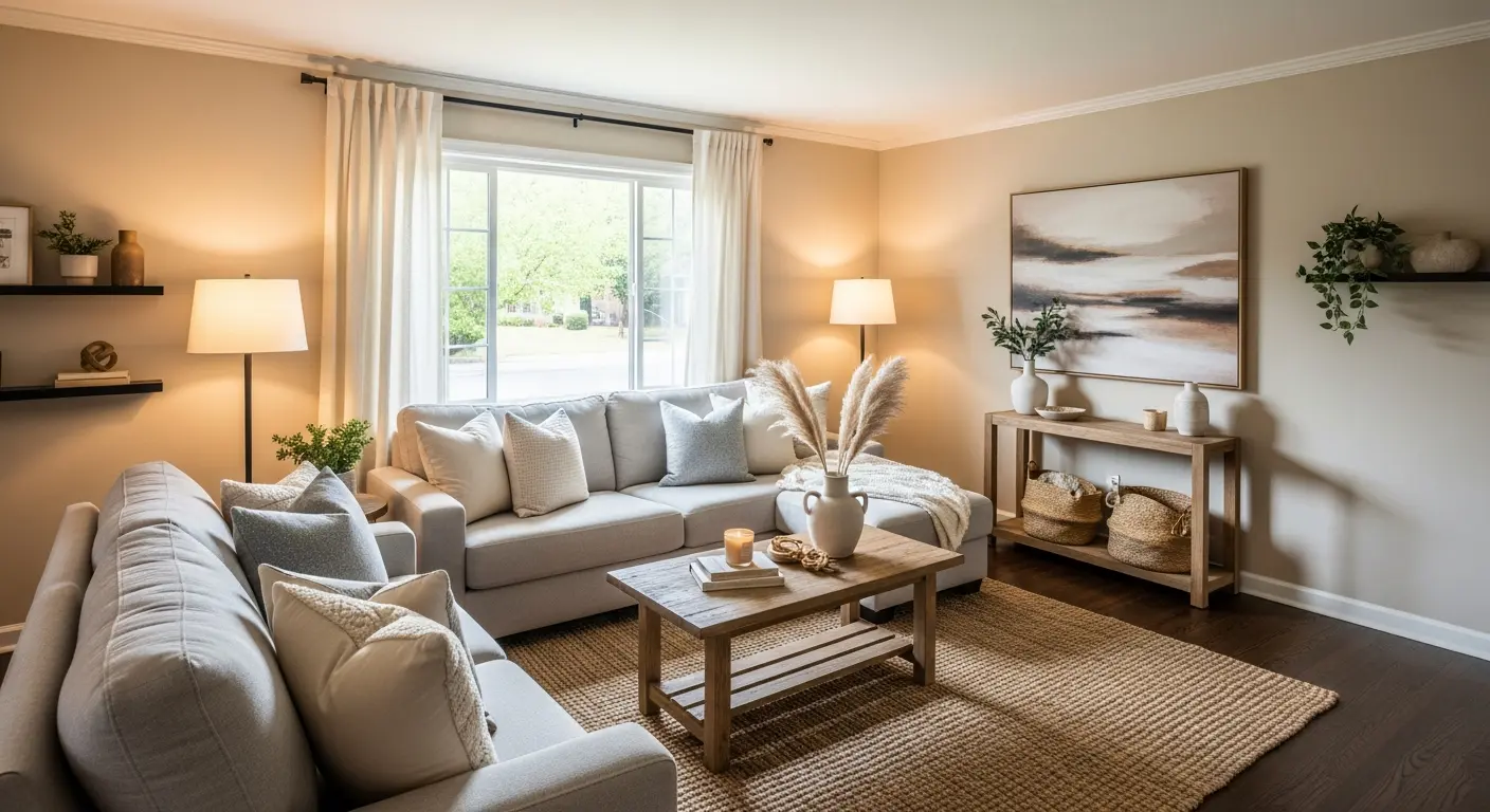 Cozy earth tone living room with beige sofa and natural wood furniture