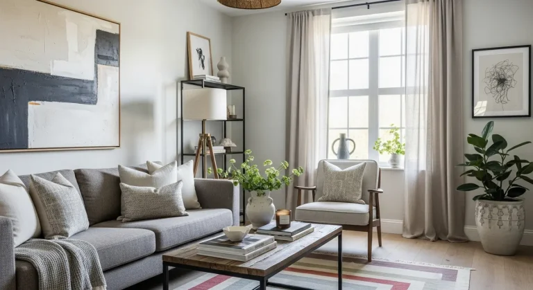 Elegant Easter living room with beige sofa, pastel pillows, and white tulips