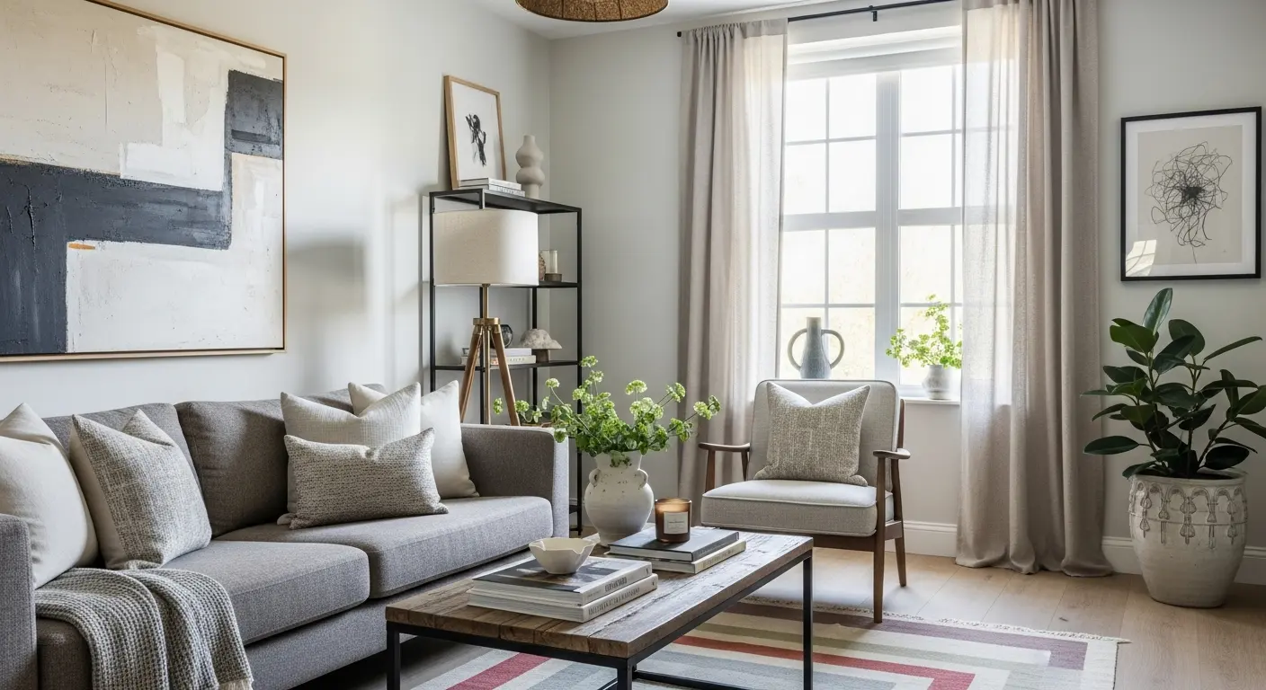 Elegant Easter living room with beige sofa, pastel pillows, and white tulips