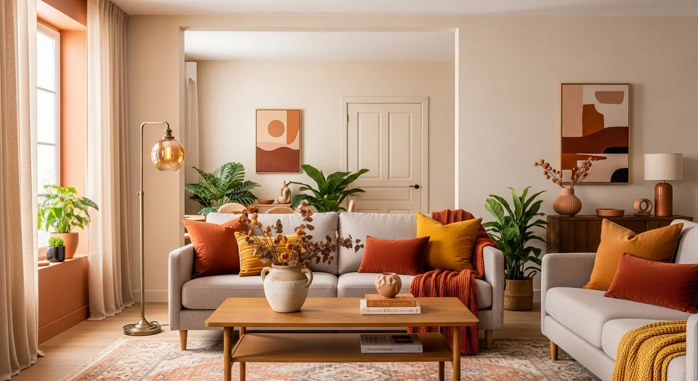 Cozy fall living room with warm gray sofa, rust pillows, wood table, and olive armchair