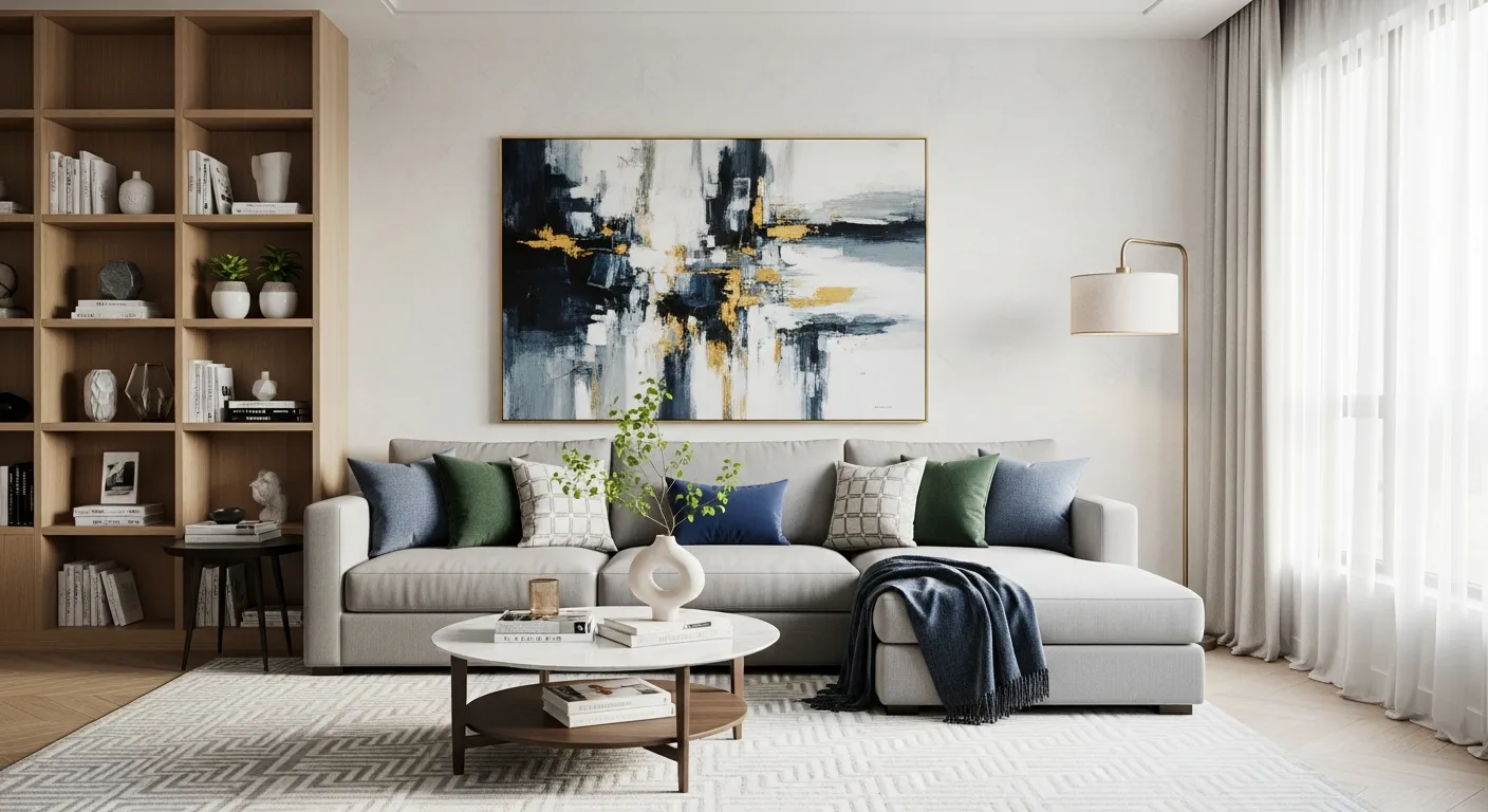 Elegant green and white living room with white sofa and green armchair