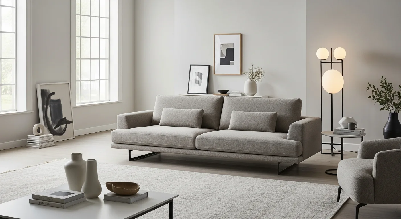 Stylish living room with a green velvet sofa and abstract art