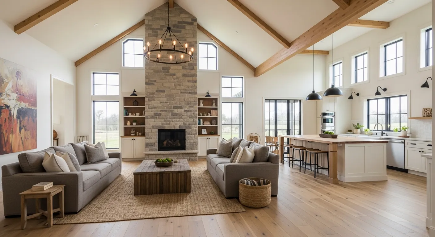 Spacious farmhouse modern living room with neutral sofa and reclaimed wood table
