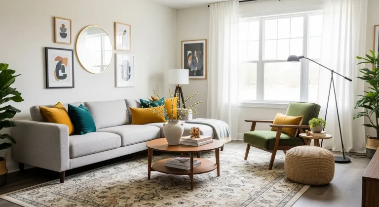 Bright living room with a neutral sofa, Fiddle Leaf Fig plant, and succulent coffee table decor