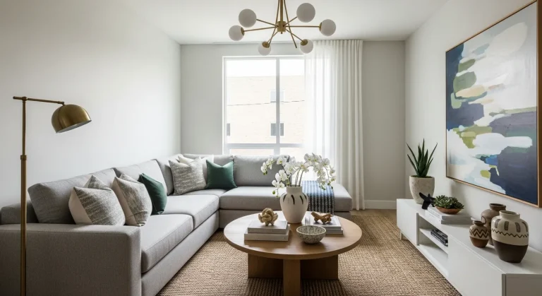 Stylish living room side wall with art, plant, and console table