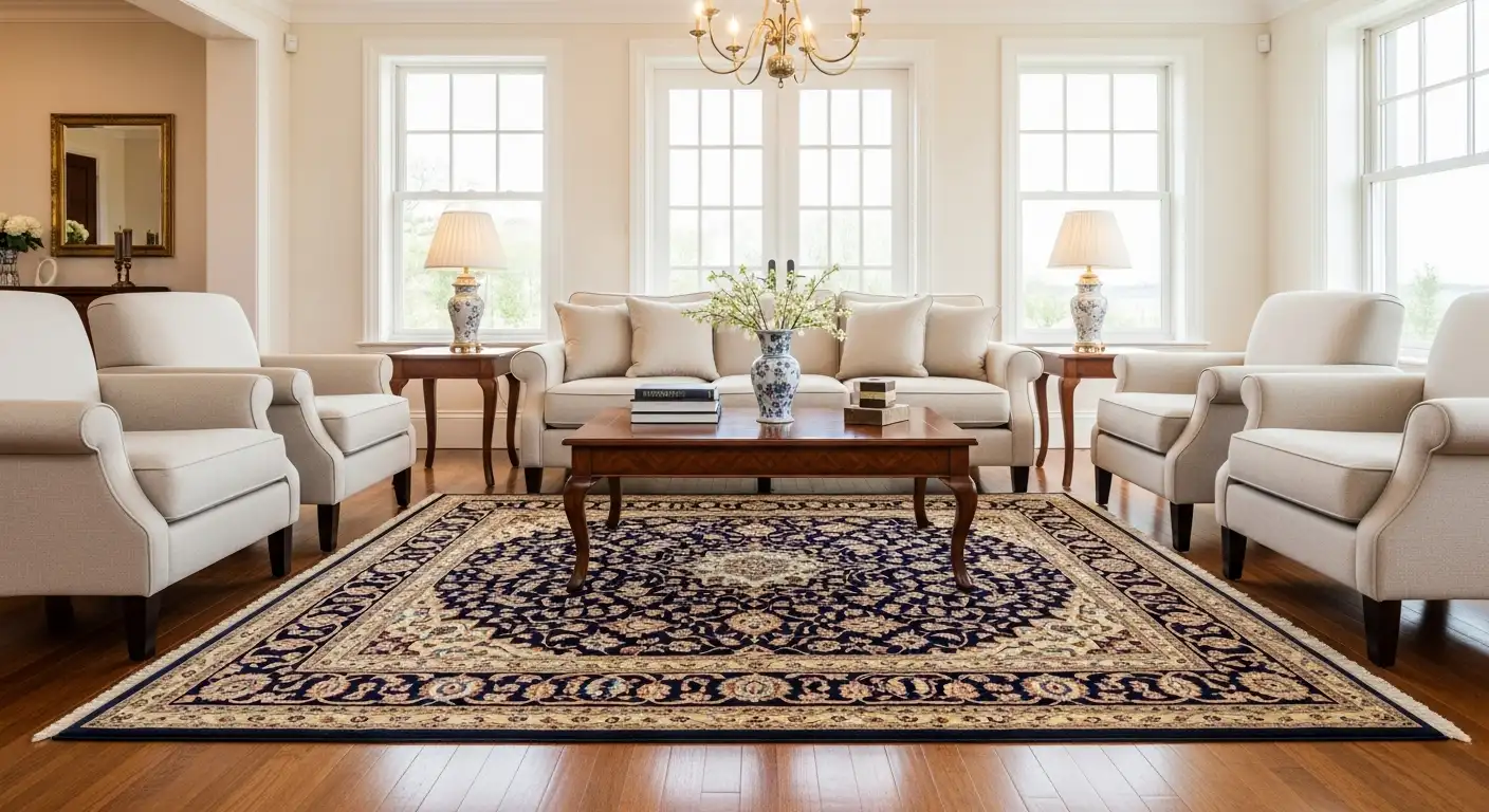 Luxurious Traditional living room with red Persian rug, blue velvet sofa, and brass accents.