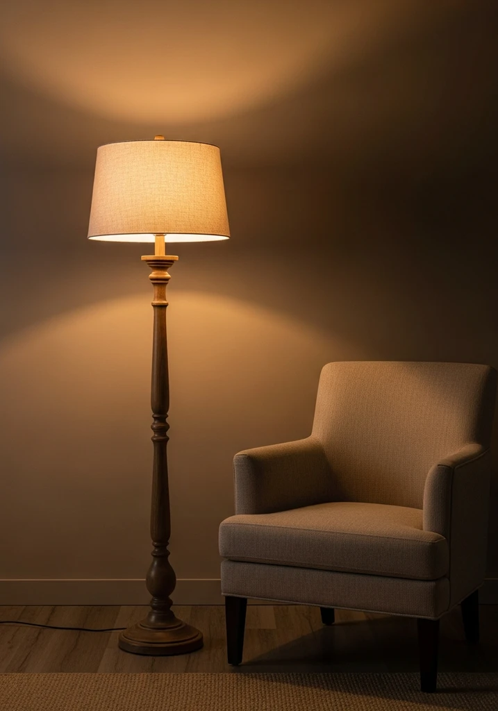 Floor lamp with wooden base and linen shade