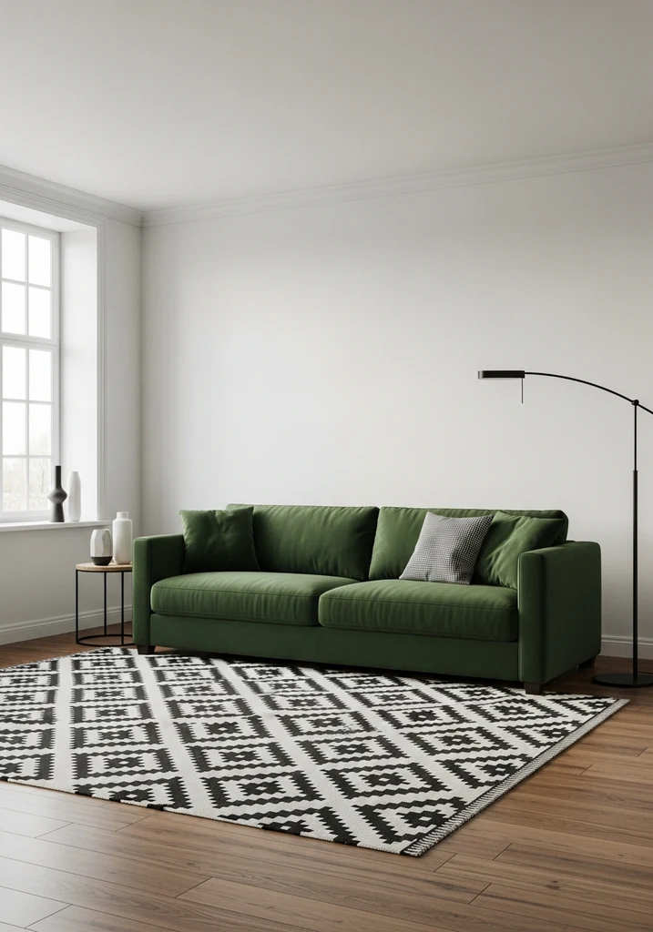 Forest green sofa in a contemporary living room with minimalist design