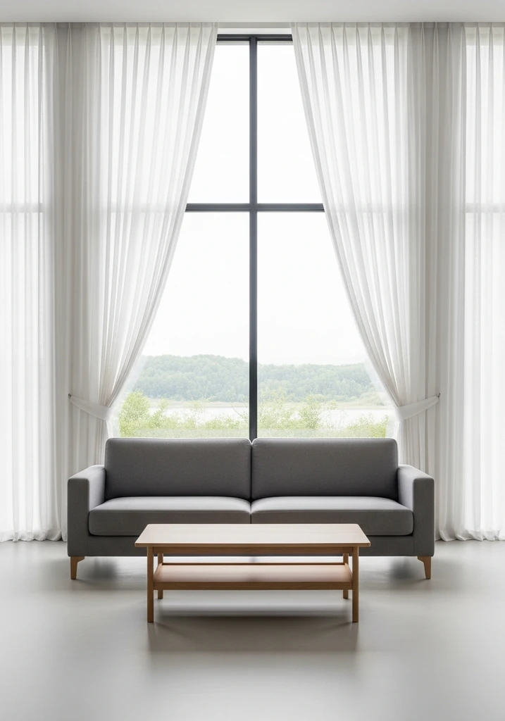 Minimalist living room with sheer white curtains and gray sofa