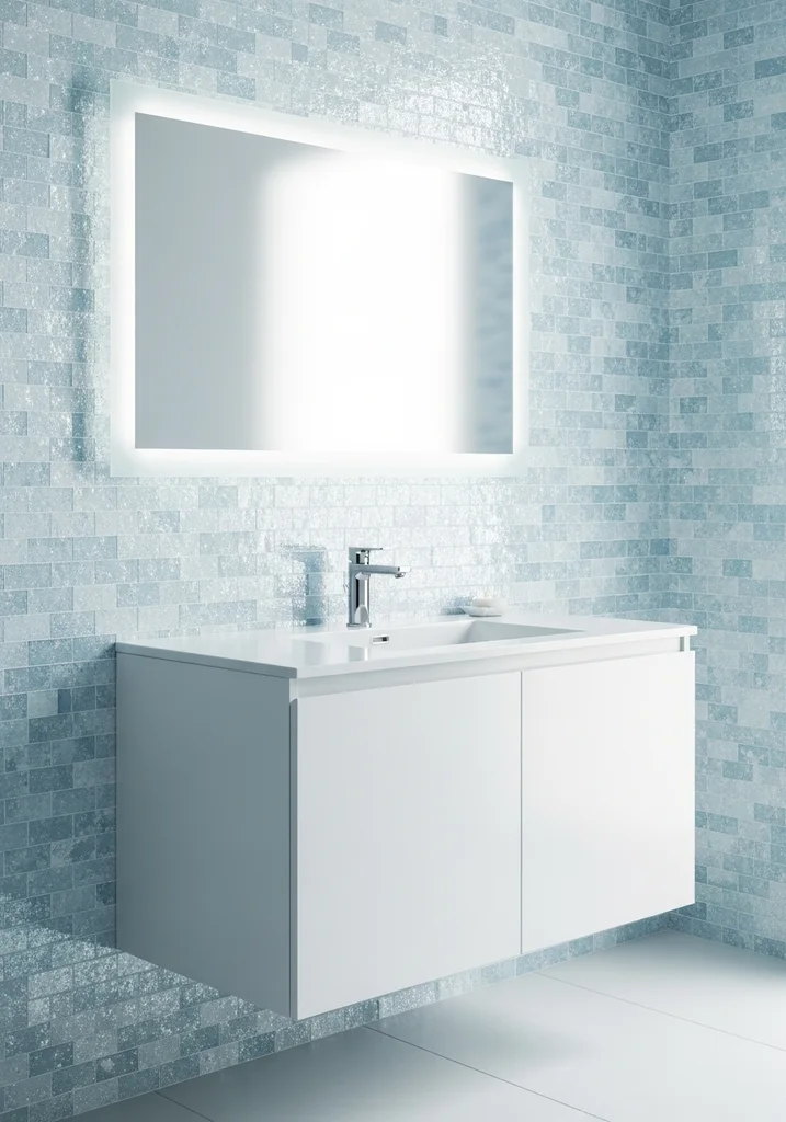 Frozen-inspired bathroom with blue glass tile and minimalist vanity