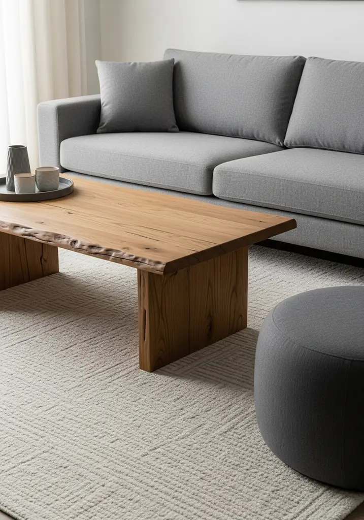 Wooden coffee table in front of a gray sofa with an ottoman