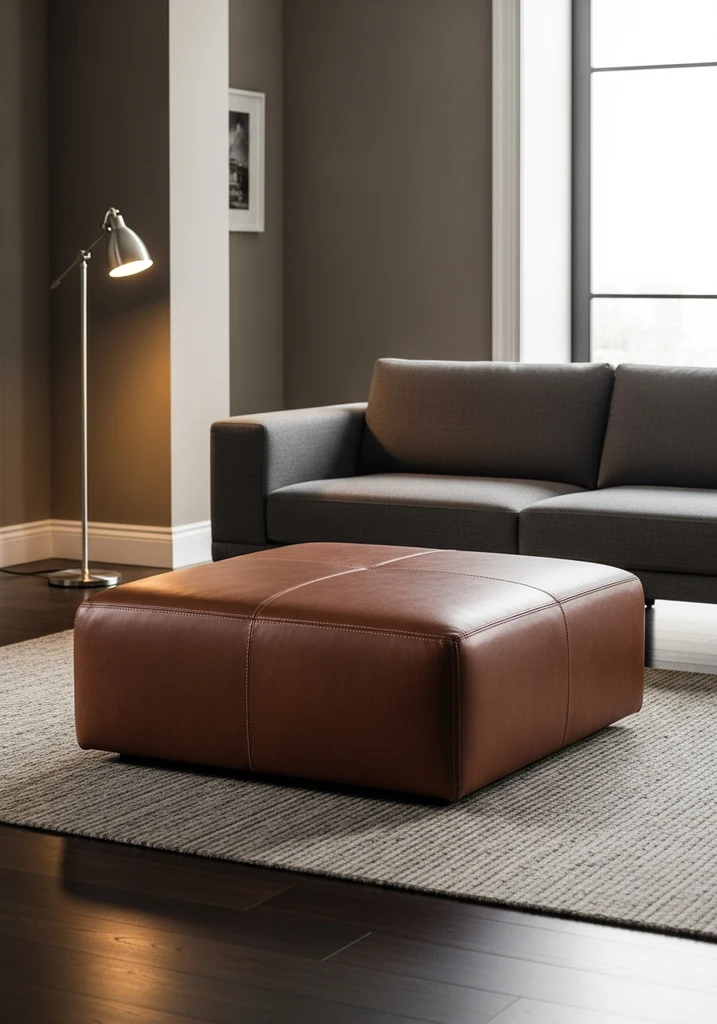 Large square brown leather ottoman