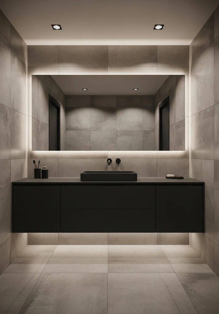 Industrial bathroom with concrete tiles and dark modern vanity