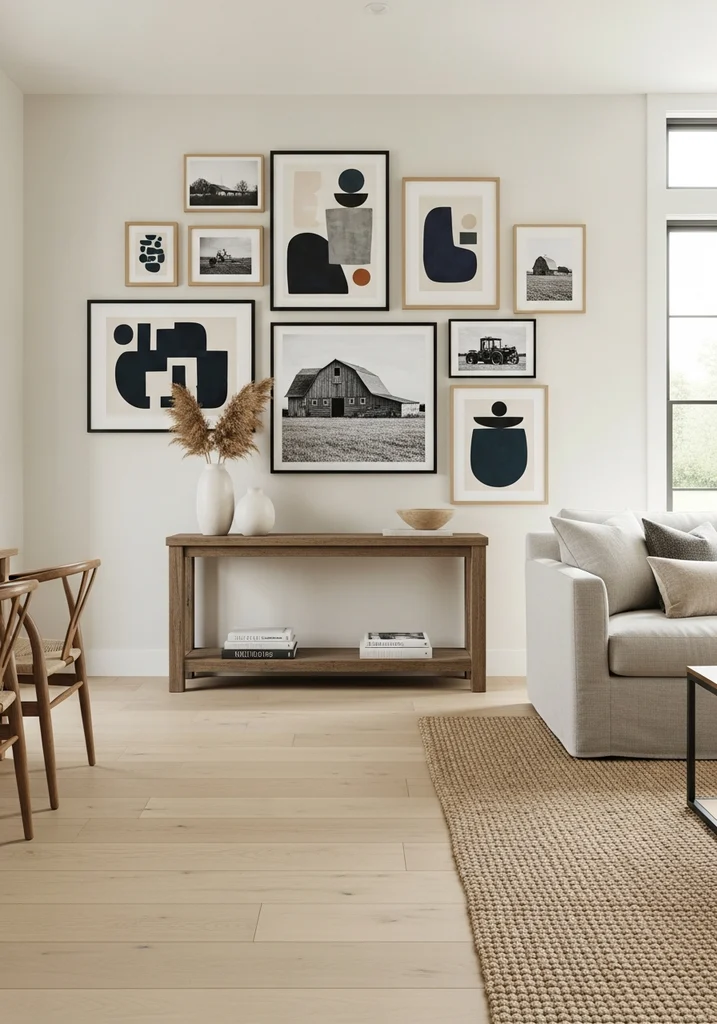 Gallery wall with abstract art and black and white photography