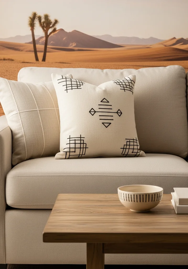 Cream throw pillow with black geometric pattern on a sofa