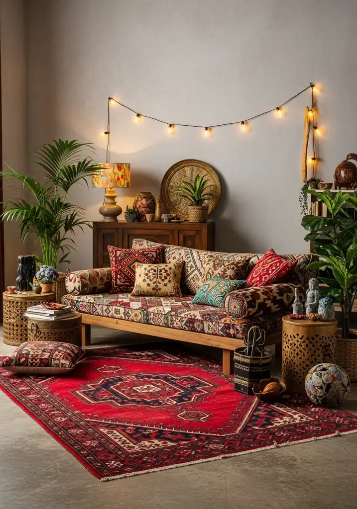 Global inspired living room with red Persian rug, patterned textiles, and exotic plants.