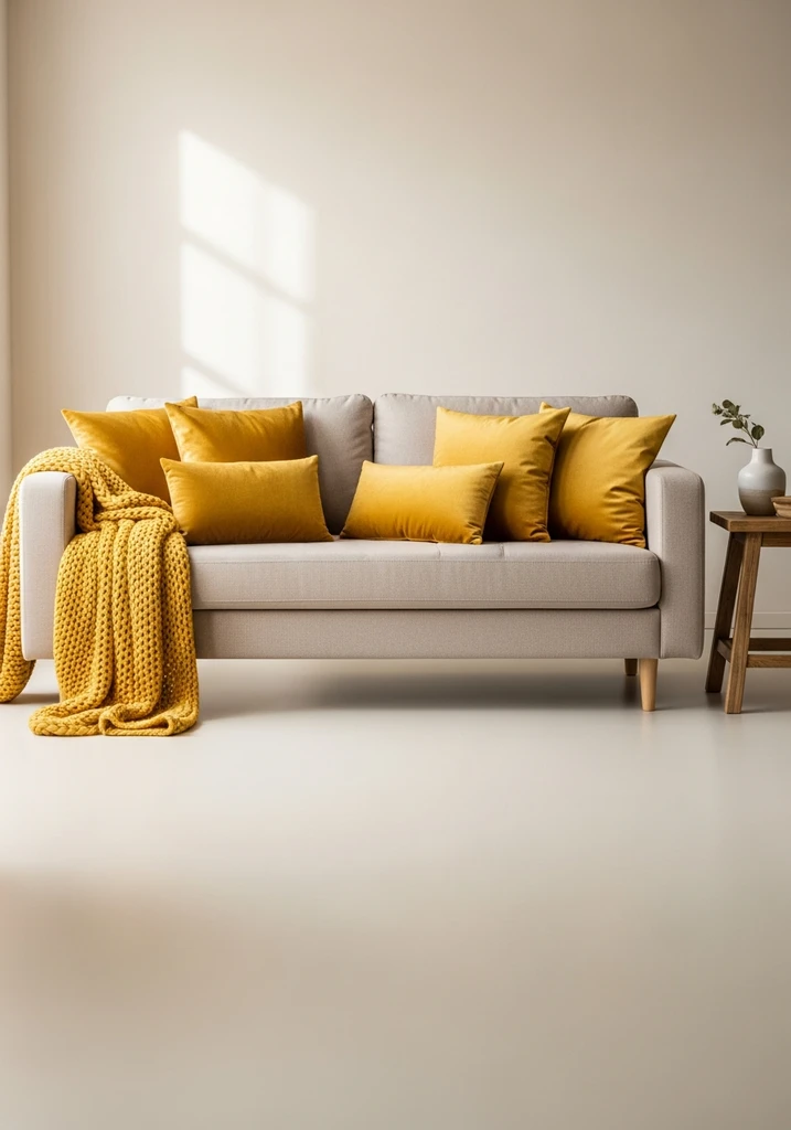 Beige sofa with golden yellow throw pillows and knit blanket