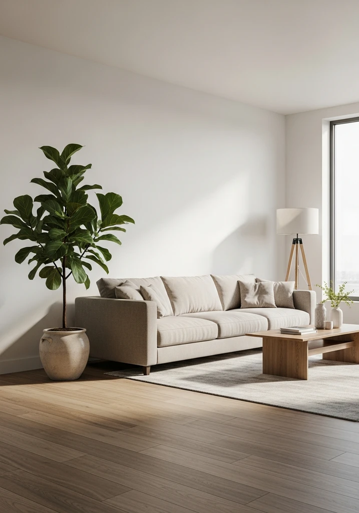 Tall Fiddle Leaf Fig plant in a beige planter next to a neutral sofa in a modern living room
