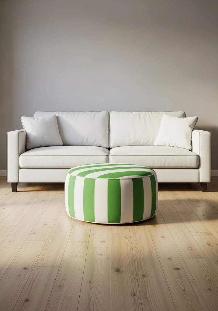 Green and white striped ottoman in a living room