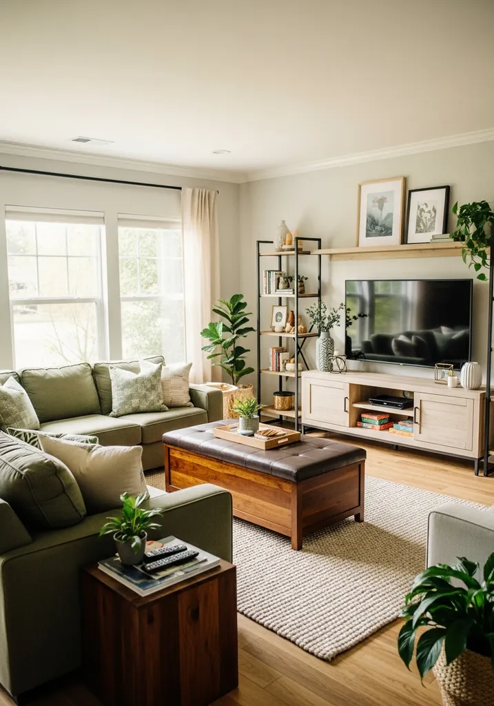 Large green sectional sofa in a spacious family living room with an ottoman