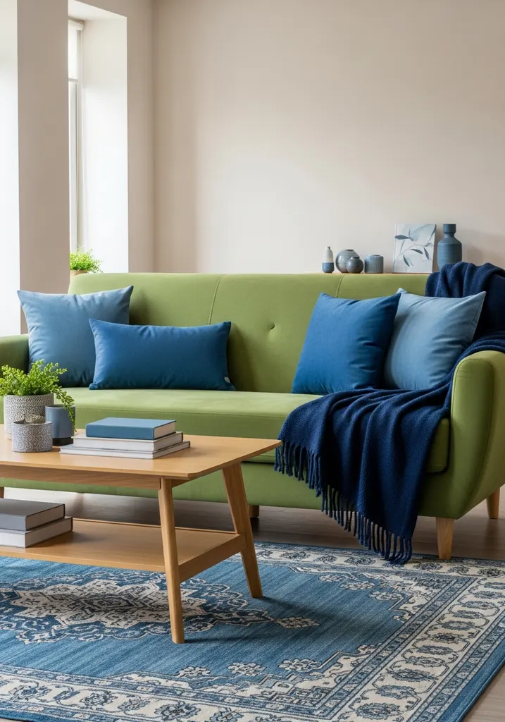 Green sofa with blue accent pillows and a navy throw in a living room