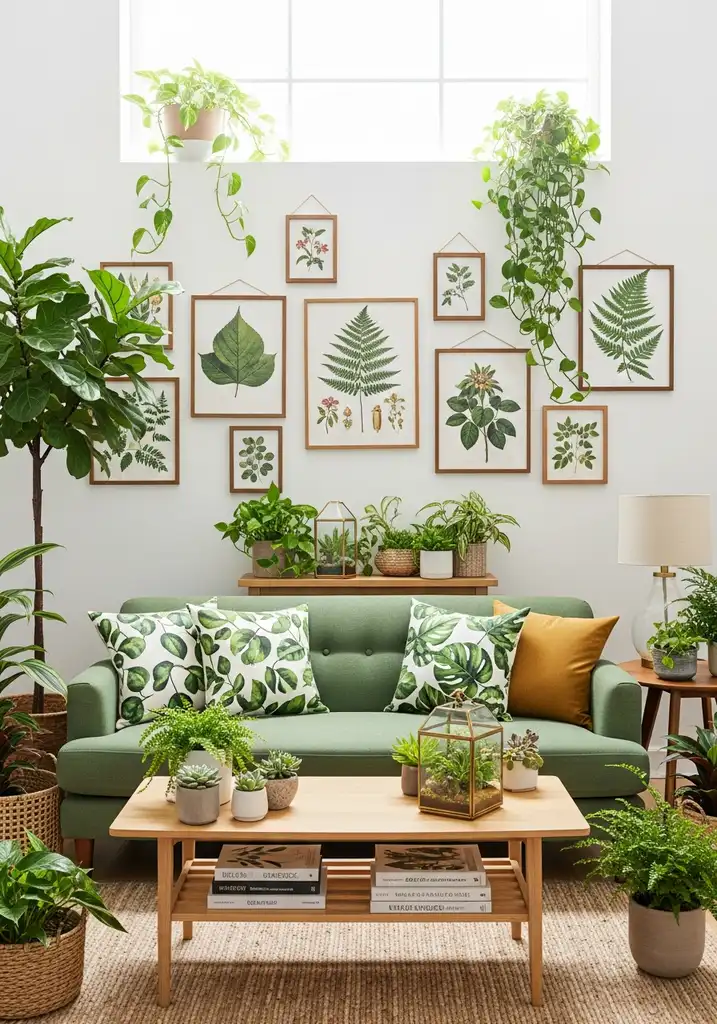 Green sofa in a botanical themed living room with many plants and natural wood