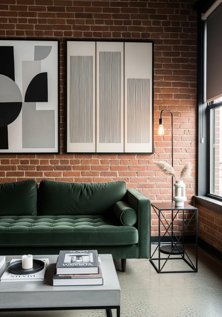 Dark green sofa in an industrial living room with exposed brick and metal