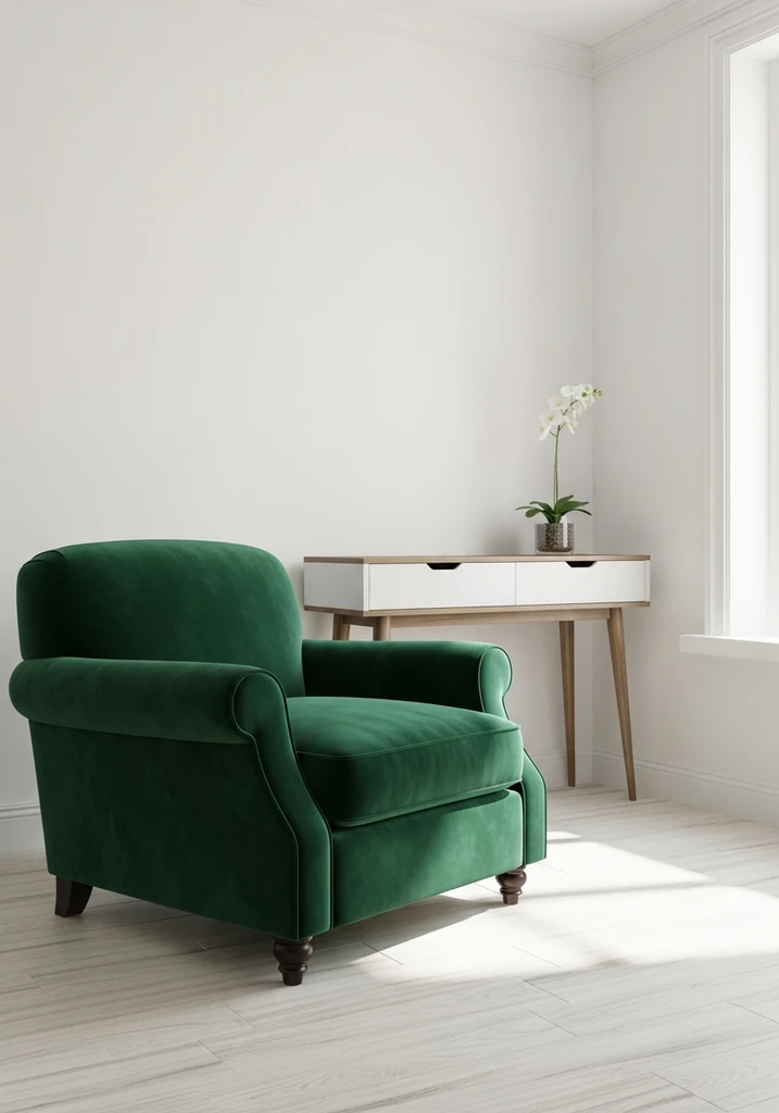 Emerald green velvet armchair in a white living room