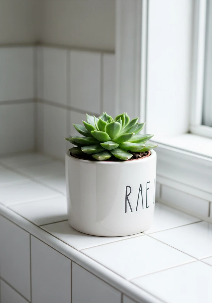 Small succulent plant in a white Rae Dunn style ceramic pot