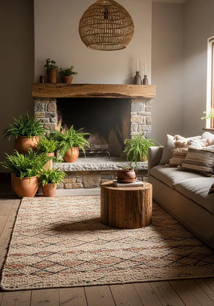 Grouping of assorted ferns in terracotta pots on a stone fireplace hearth