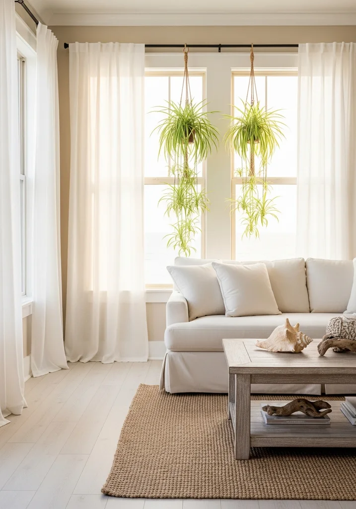 Two hanging Spider Plants in macrame hangers by a bright window in a coastal living room