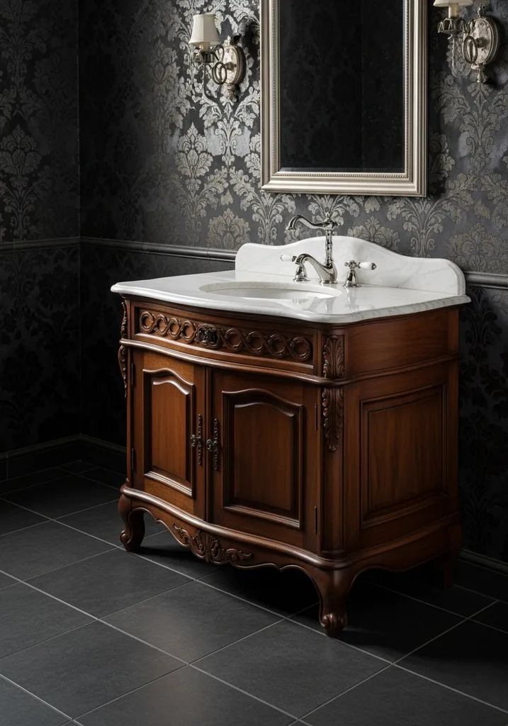 Gothic bathroom with dark wood vanity and damask wallpaper