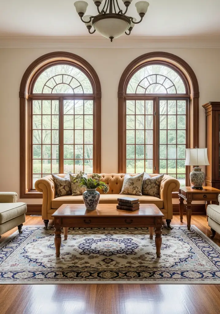 Traditional living room with large arched windows