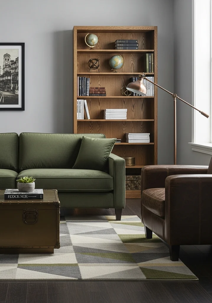 Hunter green sofa in a masculine chic living room with leather and dark wood