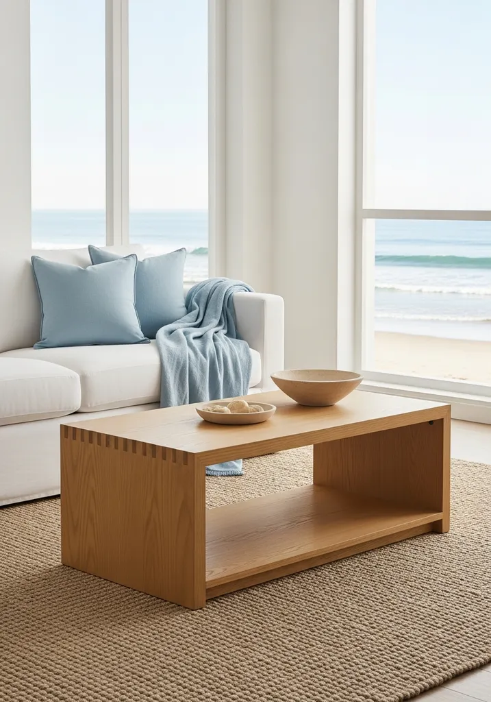 Coastal living room with natural oak coffee table and big windows