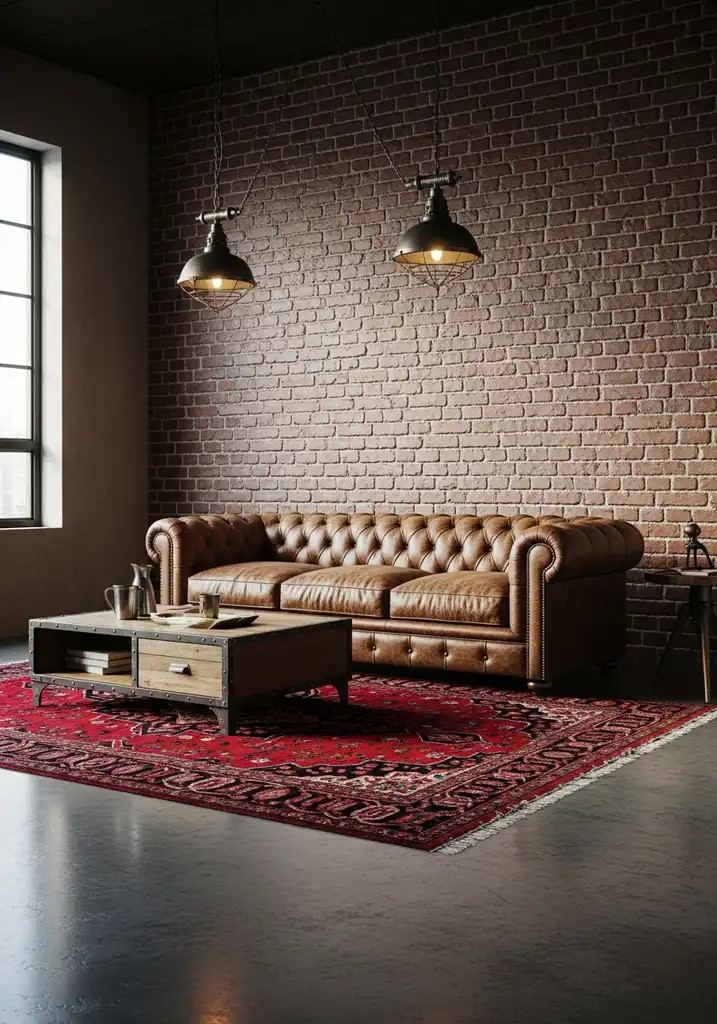 Industrial living room with red Persian rug, leather sofa, and concrete floor.