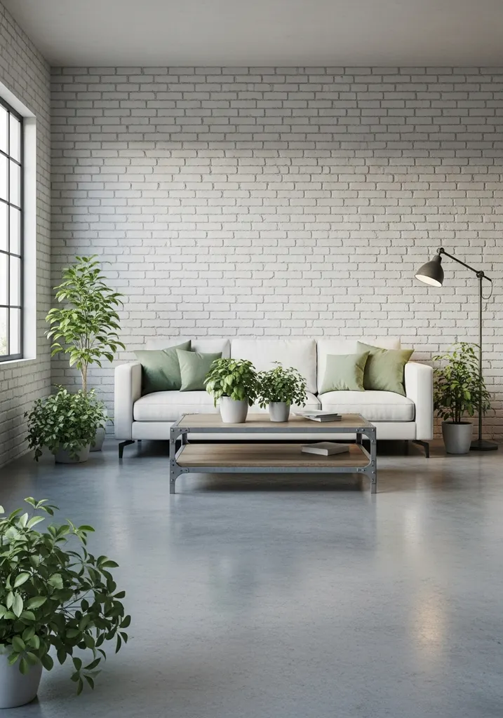 Industrial living room with white brick, concrete, and sage green