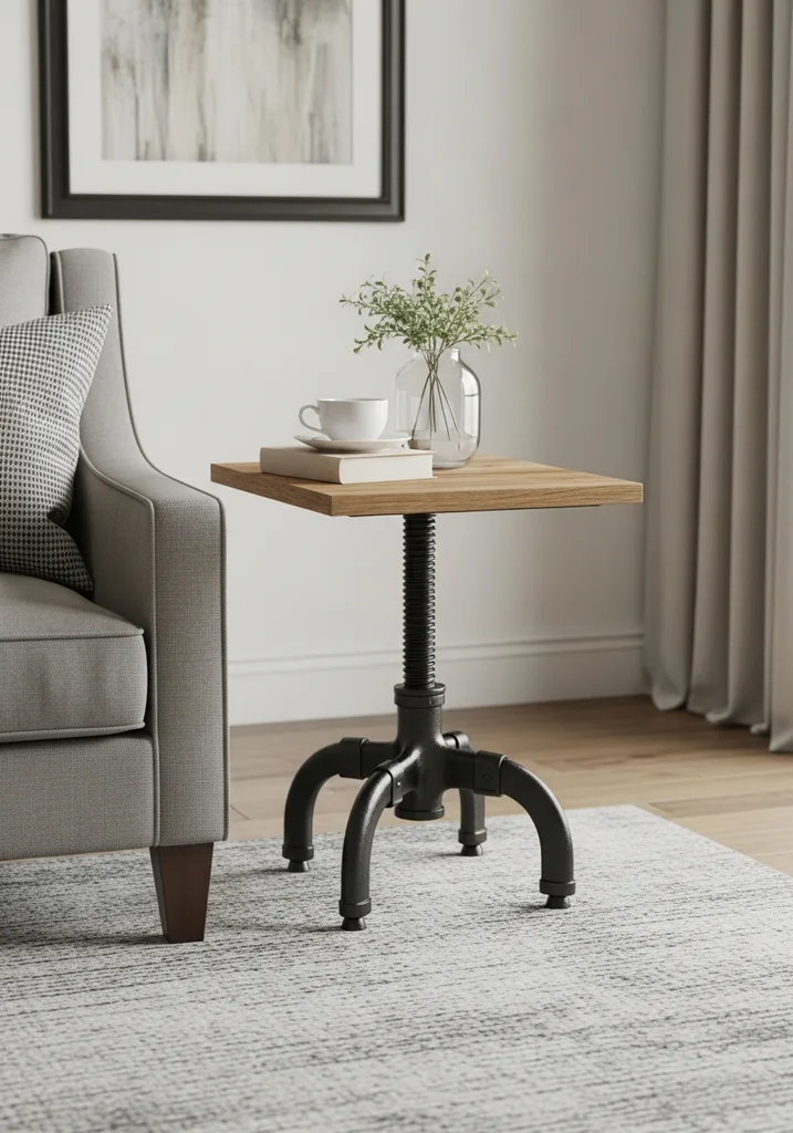 Industrial style side table with black metal base and light wood top