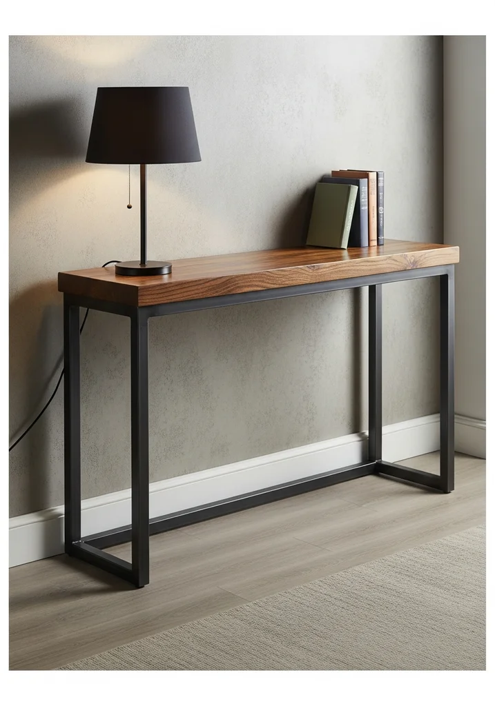 Modern industrial console table with wood top