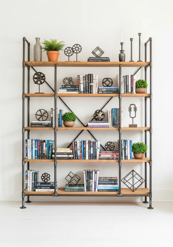 Industrial pipe shelving with wood and metal on a white wall