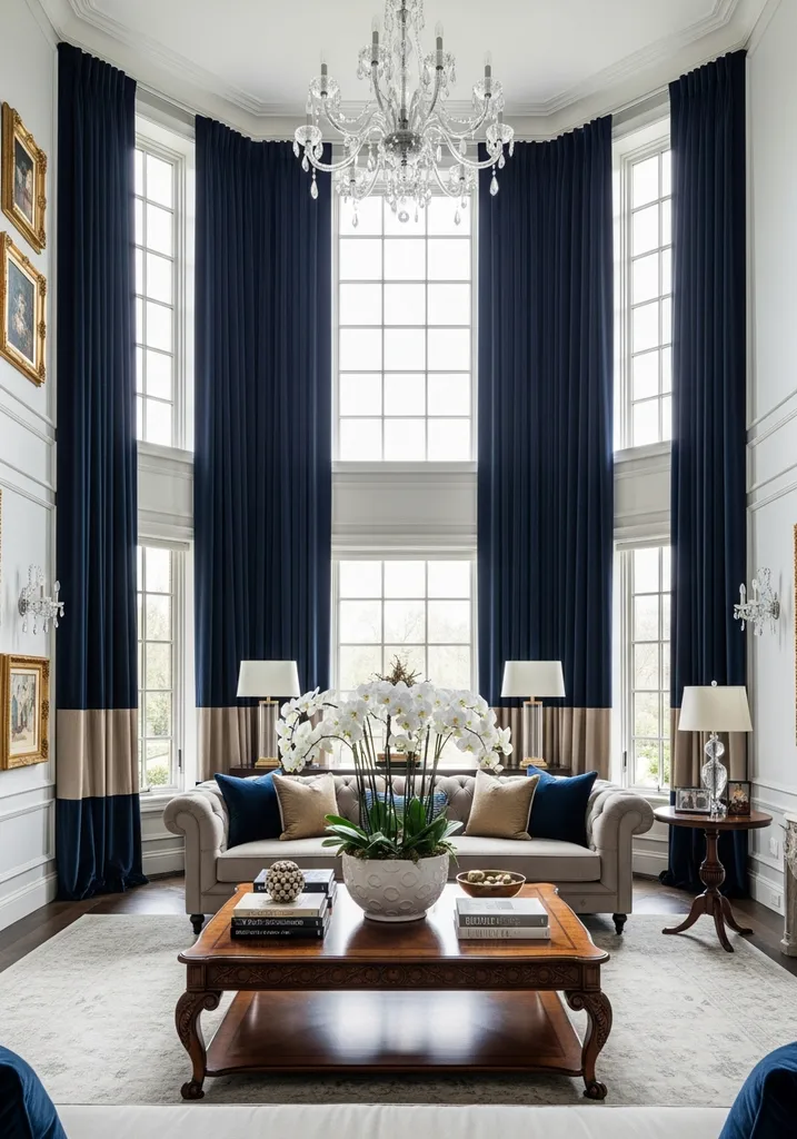 Living room with floor to ceiling blue velvet curtains