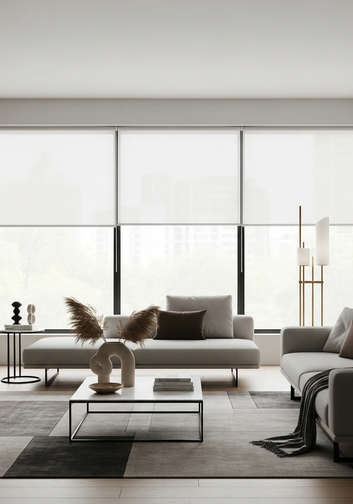 Modern living room with smart sheer roller blinds