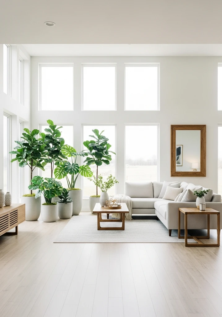 Living room with large indoor plants by big windows